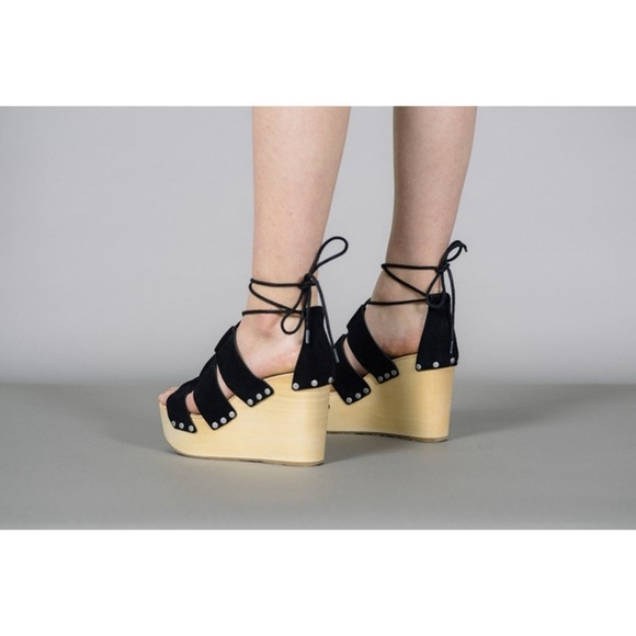 EUC Loeffler Randall Ines Lace Up Leather Clogs Black Wedges Platforms 37 7​​​